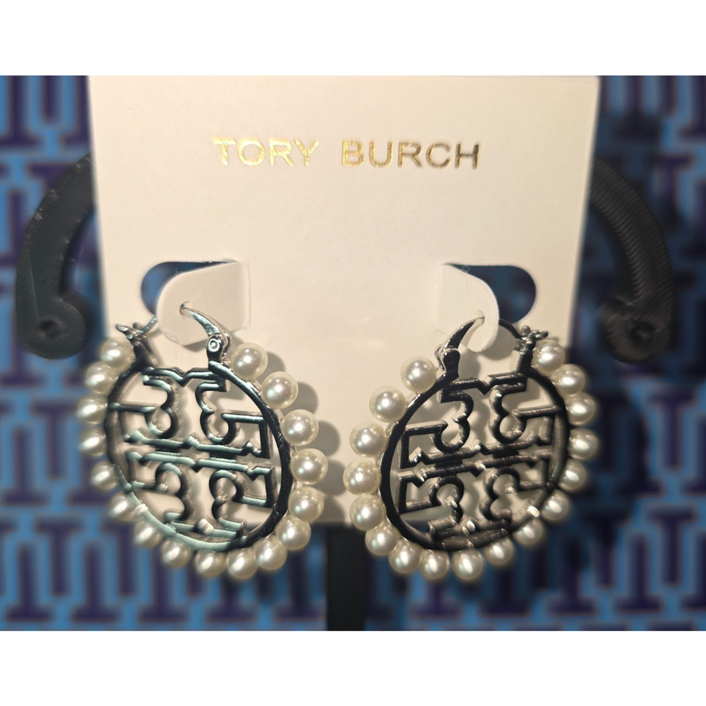 Tory Burch Silver Miller Wire Hoop Pearl Logo Earrings - NWOT